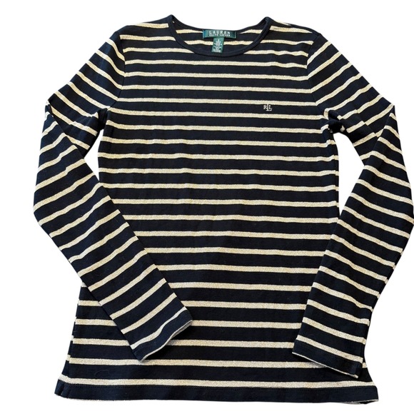 Lauren Ralph Lauren Gold Striped Long Sleeve Top Cotton Blend Womens small - Picture 1 of 6
